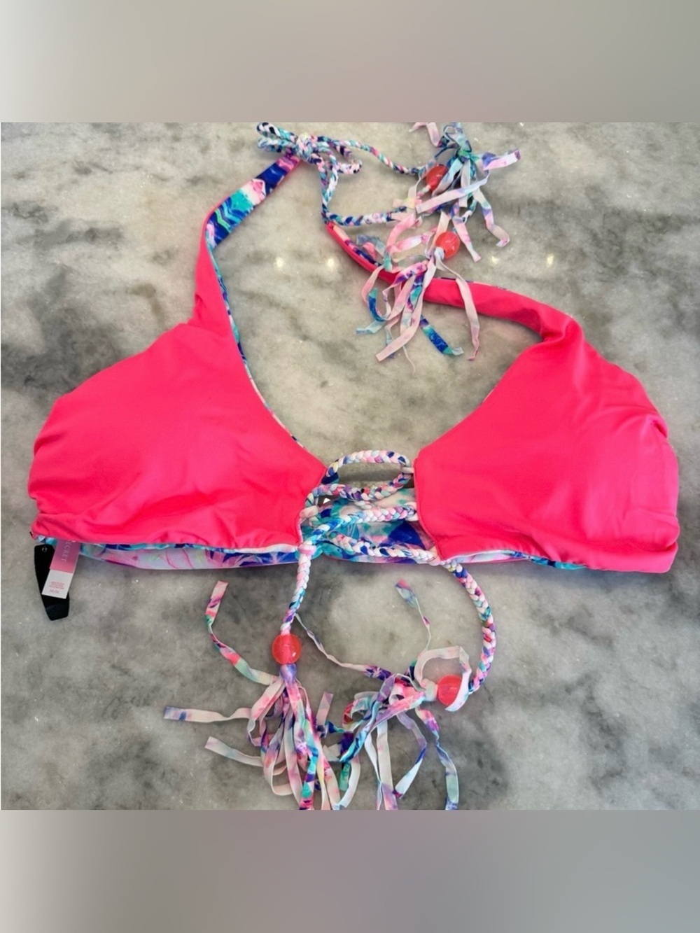 REVERSIBLE Victoria’s Secret Bikini Top Pink Neon Floral Tassel Beaded Summer